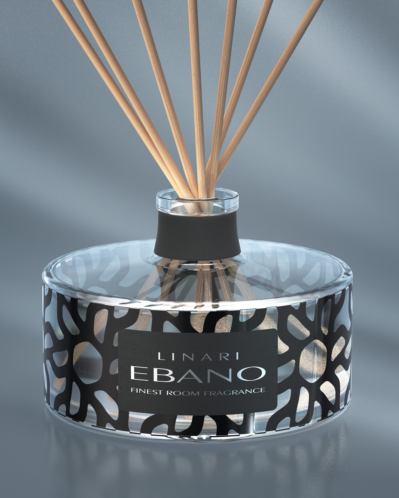 LINARI EBANO room fragrance diffuser made of glass with ebony decoration, black stretch band and natural-colored capillary reeds.