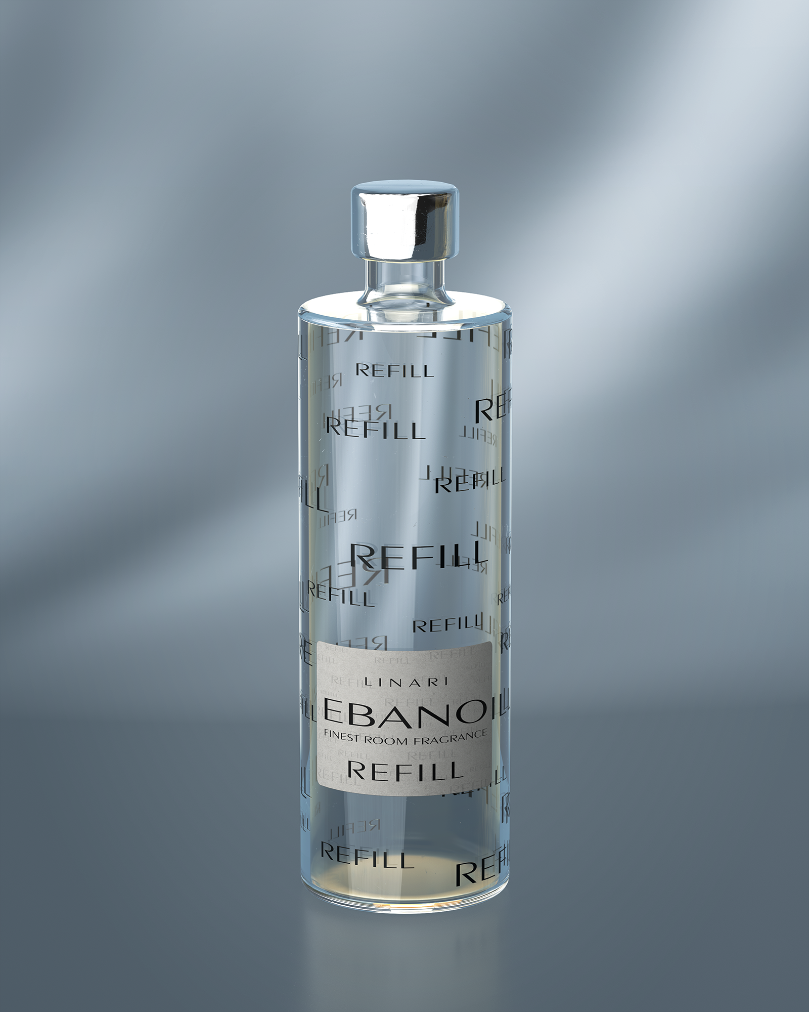 LINARI EBANO Raumduft-Diffusor-Refill in transparenter Glasflasche mit silberfarbenem Deckel