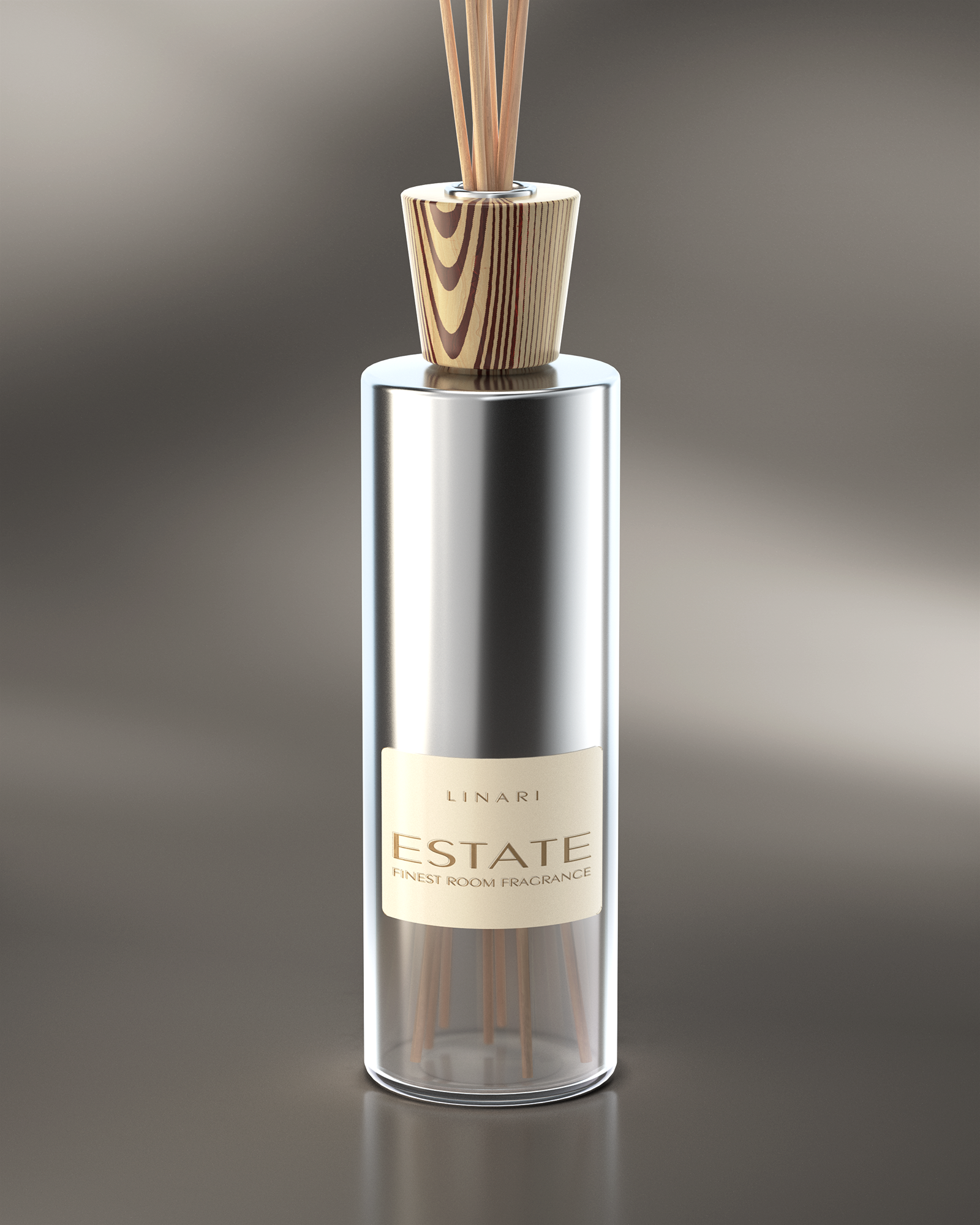 LINARI ESTATE room fragrance diffuser in a partially mirrored Italian glass bottle with birchwood lid and natural-colored reeds