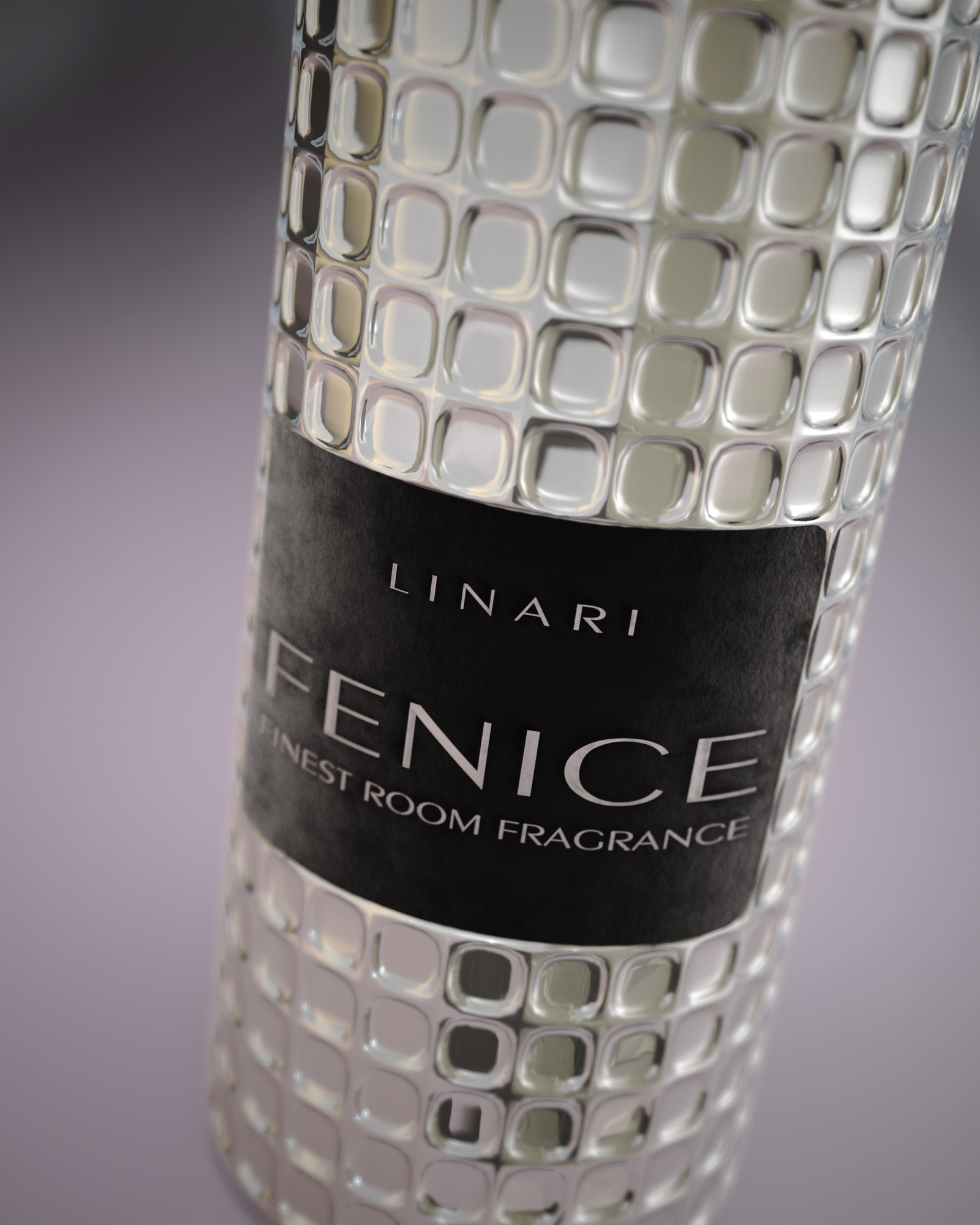 LINARI FENICE Raumduft-Diffusor aus strukturiertem Glas mit schwarzem Samtetikett, schimmernd und sinnlich.