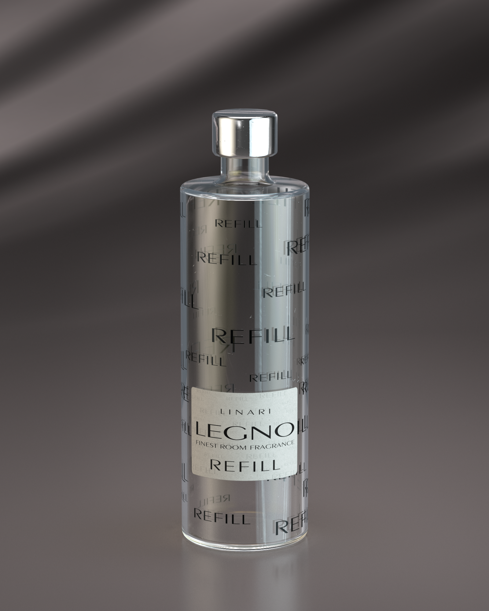 LINARI LEGNO room fragrance diffuser refill in a transparent glass bottle with a silver-colored cap, 500 ml