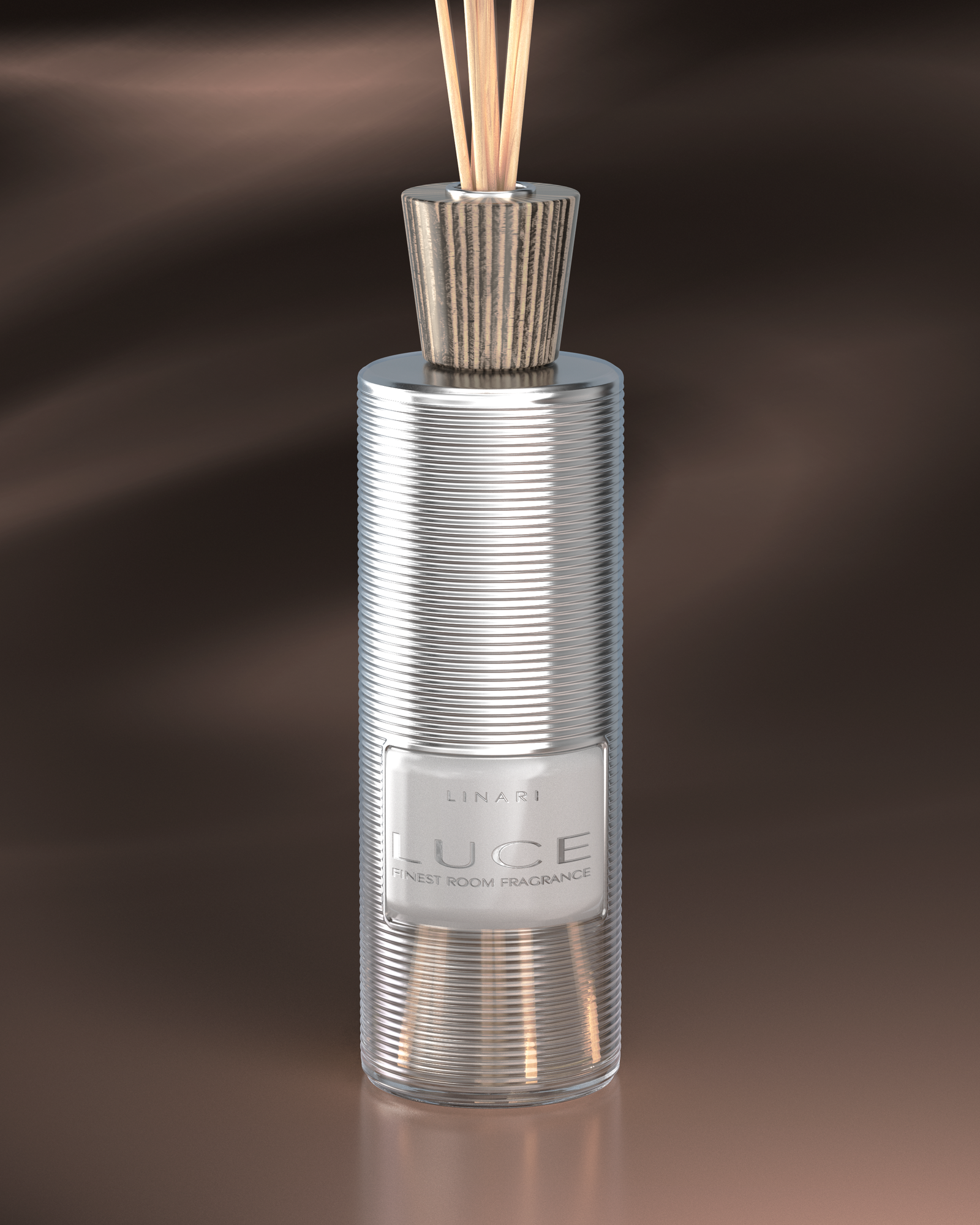 LINARI LUCE Raumduft-Diffusor aus geripptem italienischem Glas mit Birkenholzdeckel und naturfarbenen Kapillarstäbchen