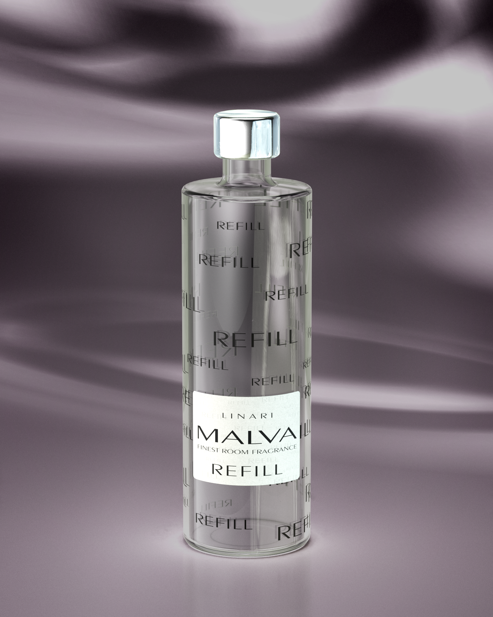LINARI MALVA Raumduft-Diffusor-Refill in transparenter Glasflasche, gekrönt von silberfarbenem Deckel.