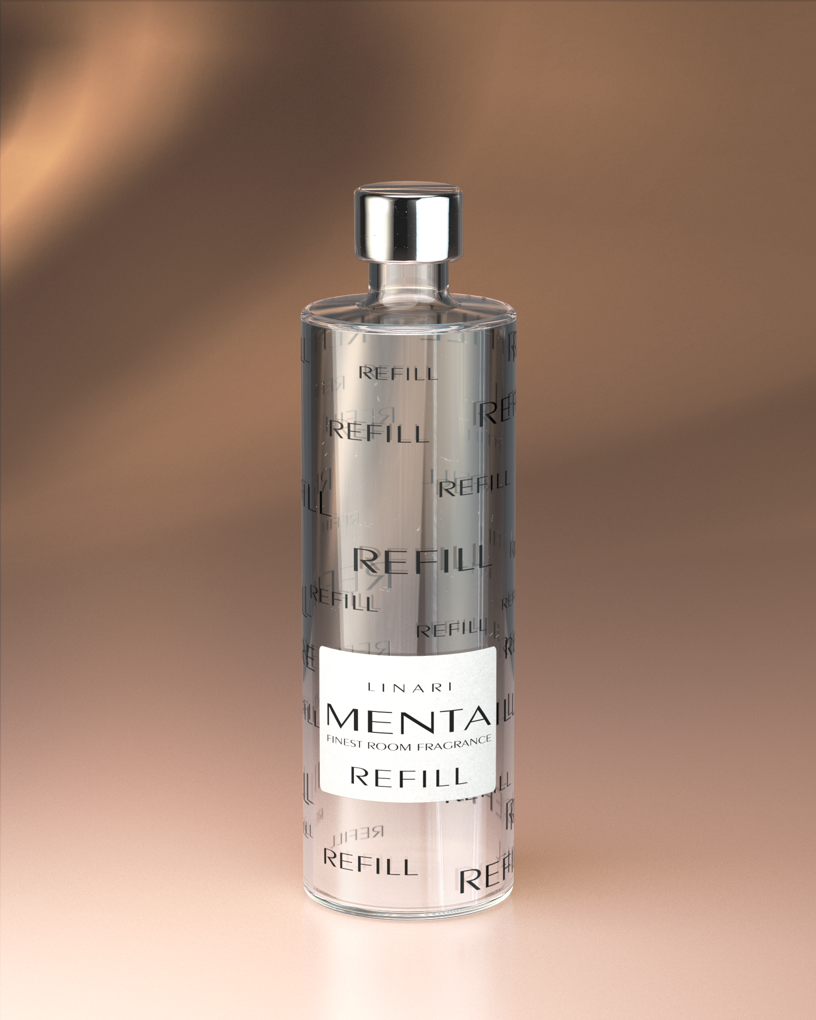 LINARI MENTA Raumduft-Diffusor-Refill in transparenter Glasflasche mit silberfarbenem Deckel.