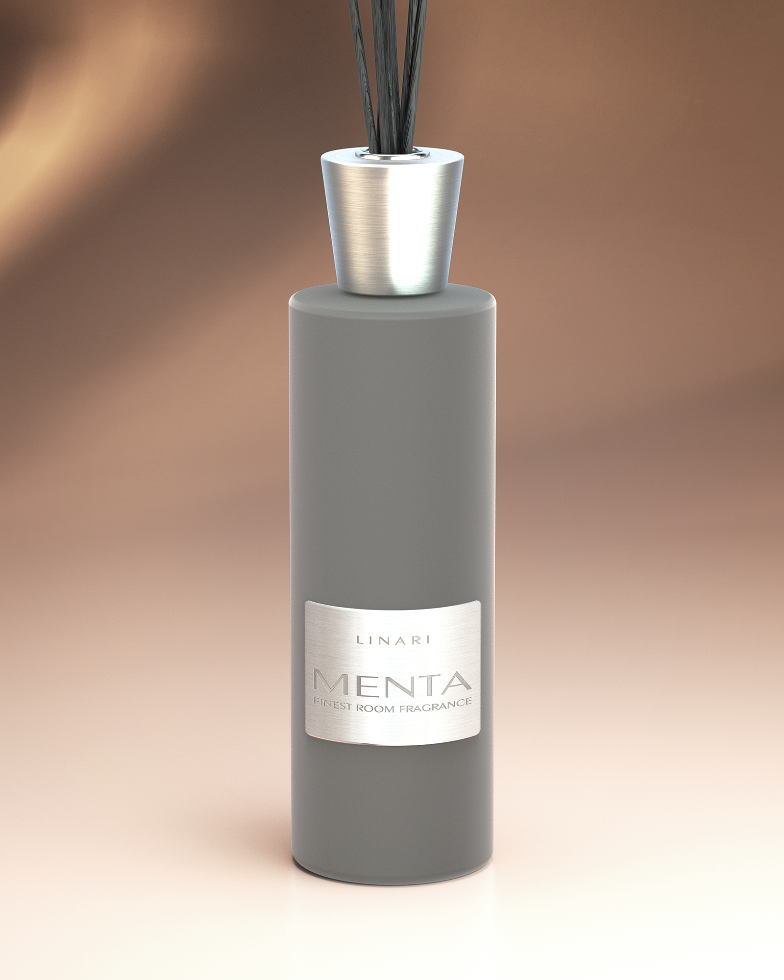 LINARI MENTA Raumduft-Diffusor aus italienischem Glas mit grauem Samt, gebürstetem Aluminium und schwarzen Kapillarstäbchen