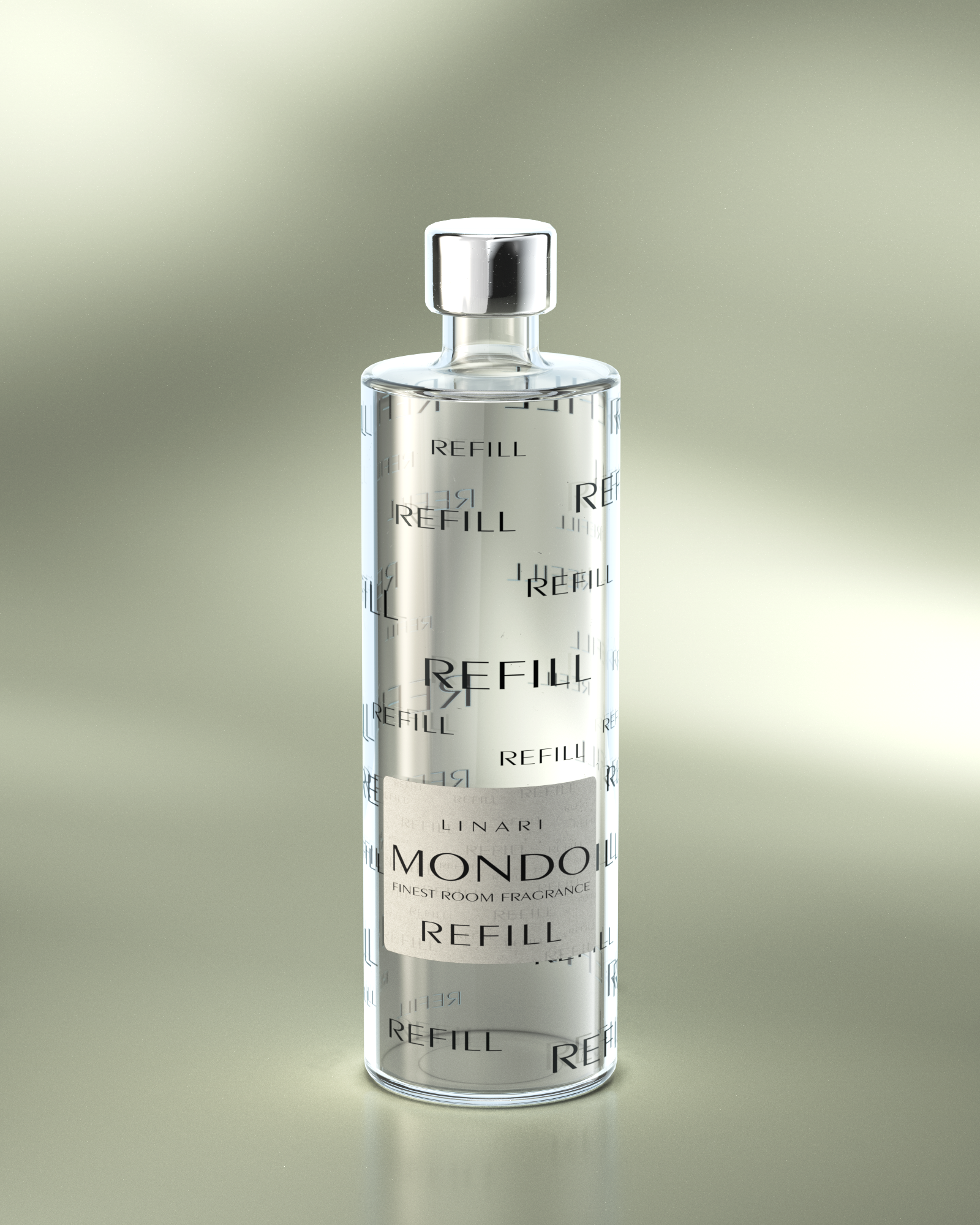 LINARI MONDO room fragrance diffuser refill in a transparent glass bottle with a silver-colored cap