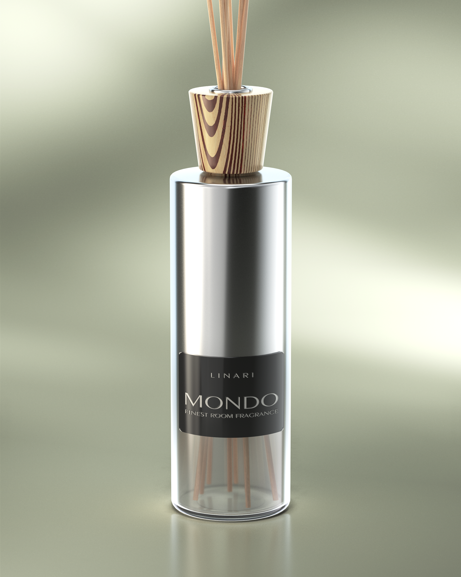 LINARI MONDO room fragrance diffuser made of partially mirrored Italian glass, with birchwood lid and natural-colored capillary reeds