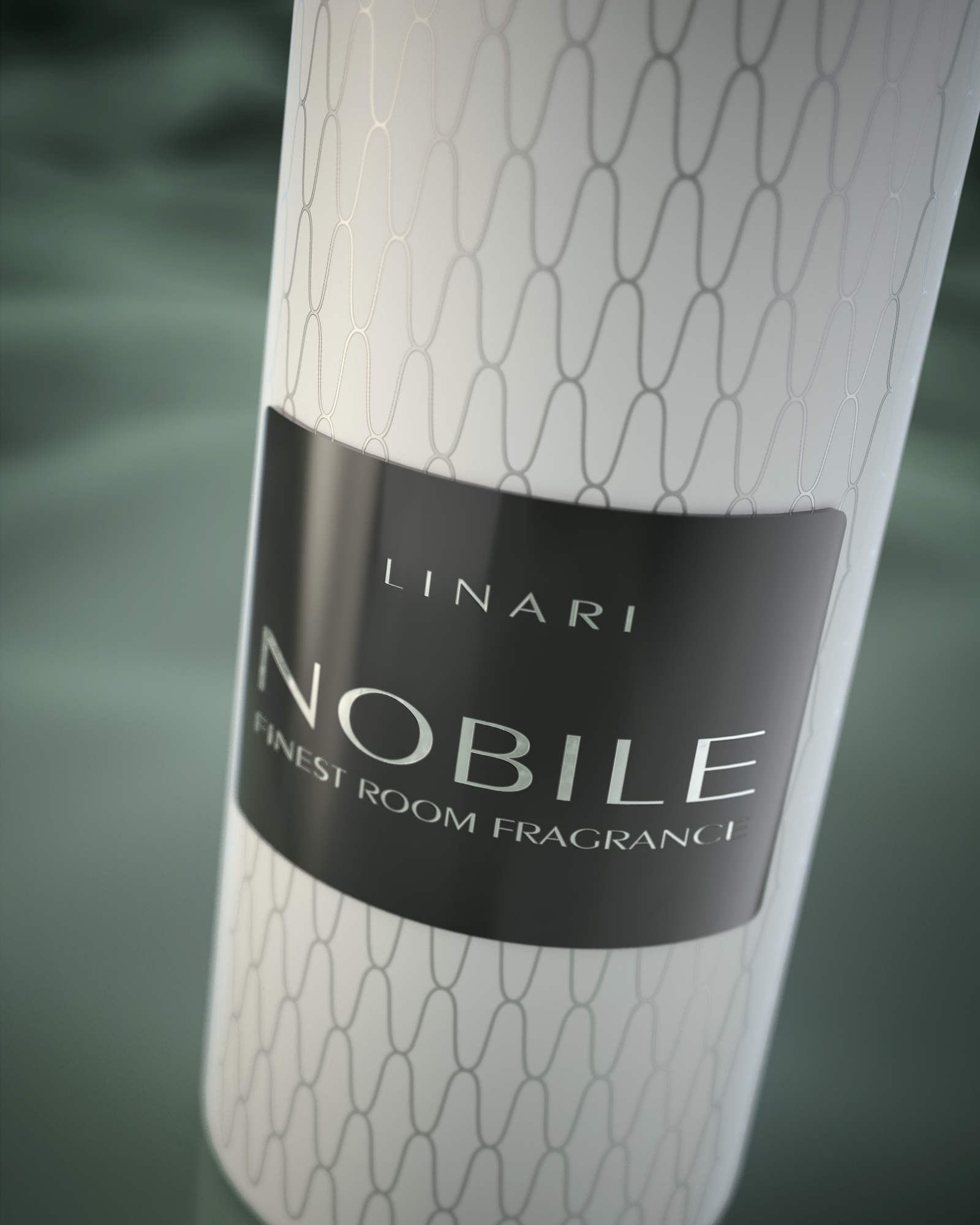 LINARI NOBILE Raumduft-Diffusor in mattweißer Flasche mit silbernem Wellenmuster, schwarzem Etikett und Ahornholzdeckel