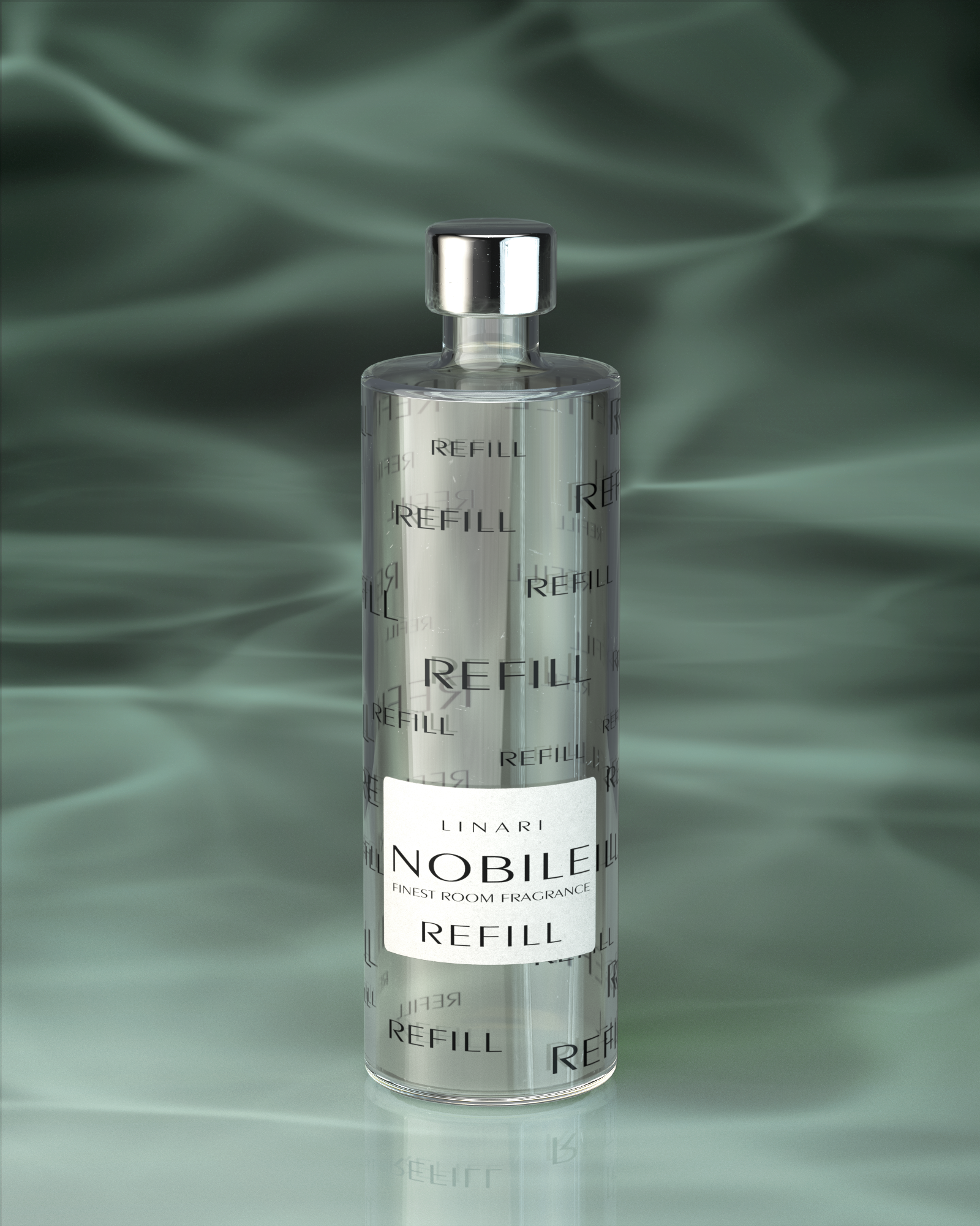 LINARI NOBILE Raumduft-Diffusor-Refill in transparenter Glasflasche mit silberfarbenem Deckel und REFILL-Logos.