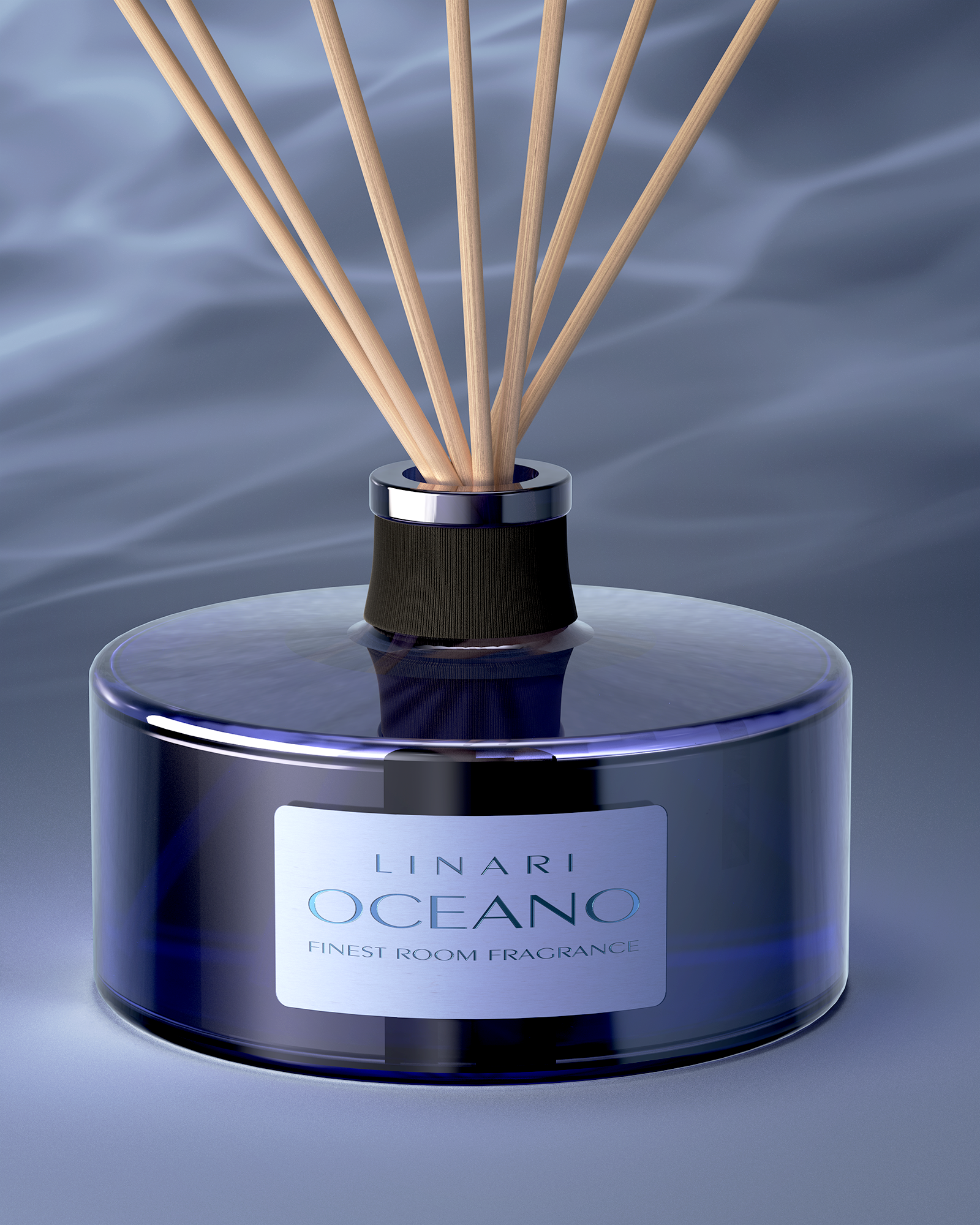 LINARI OCEANO Raumduft-Diffusor aus amethystfarbenem Glas mit schwarzem Strukturband und naturfarbenen Kapillarstäben