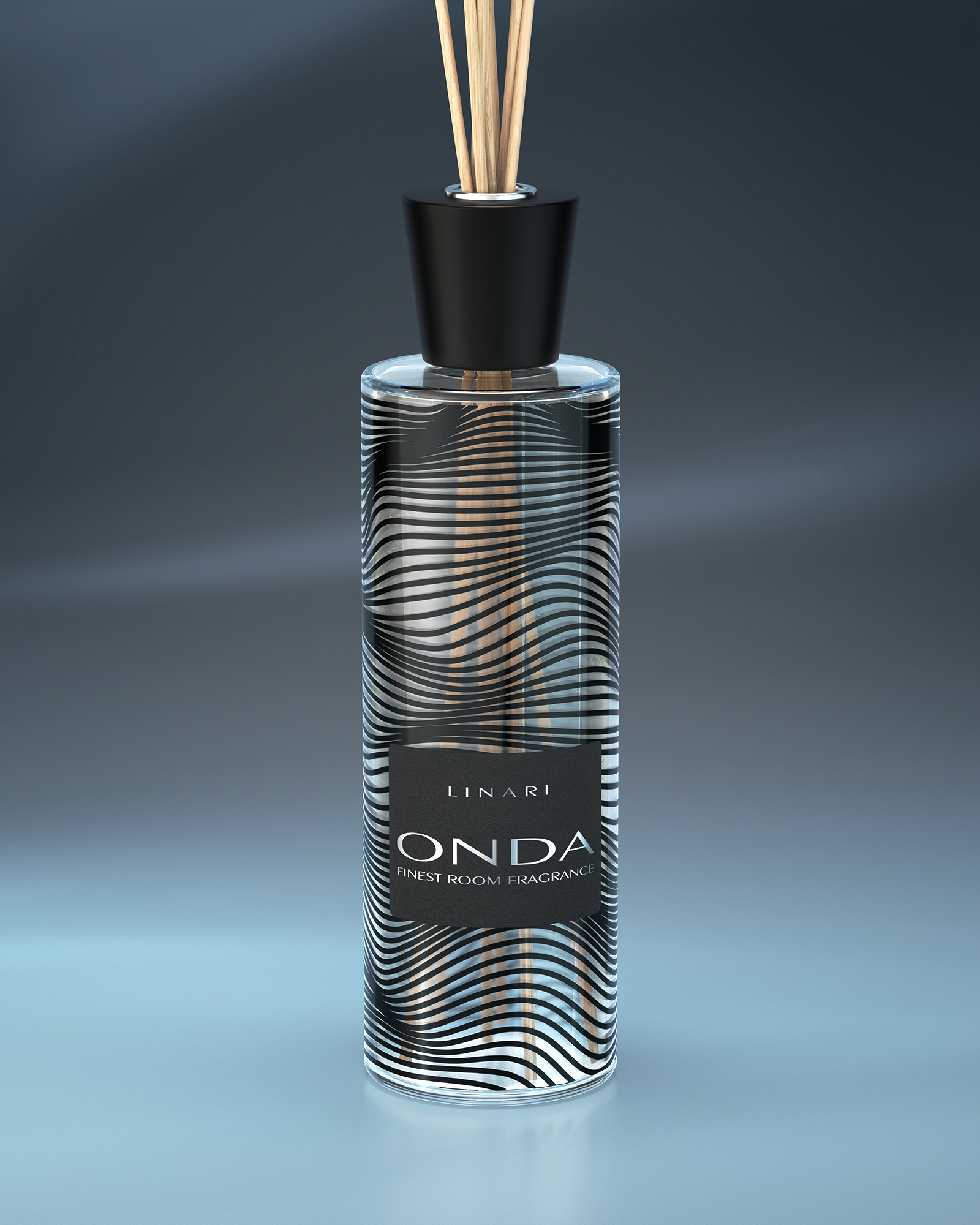 LINARI ONDA Raumduft-Diffusor aus transparentem Glas mit schwarzem Bakelitdeckel und naturfarbenen Kapillarstäbchen