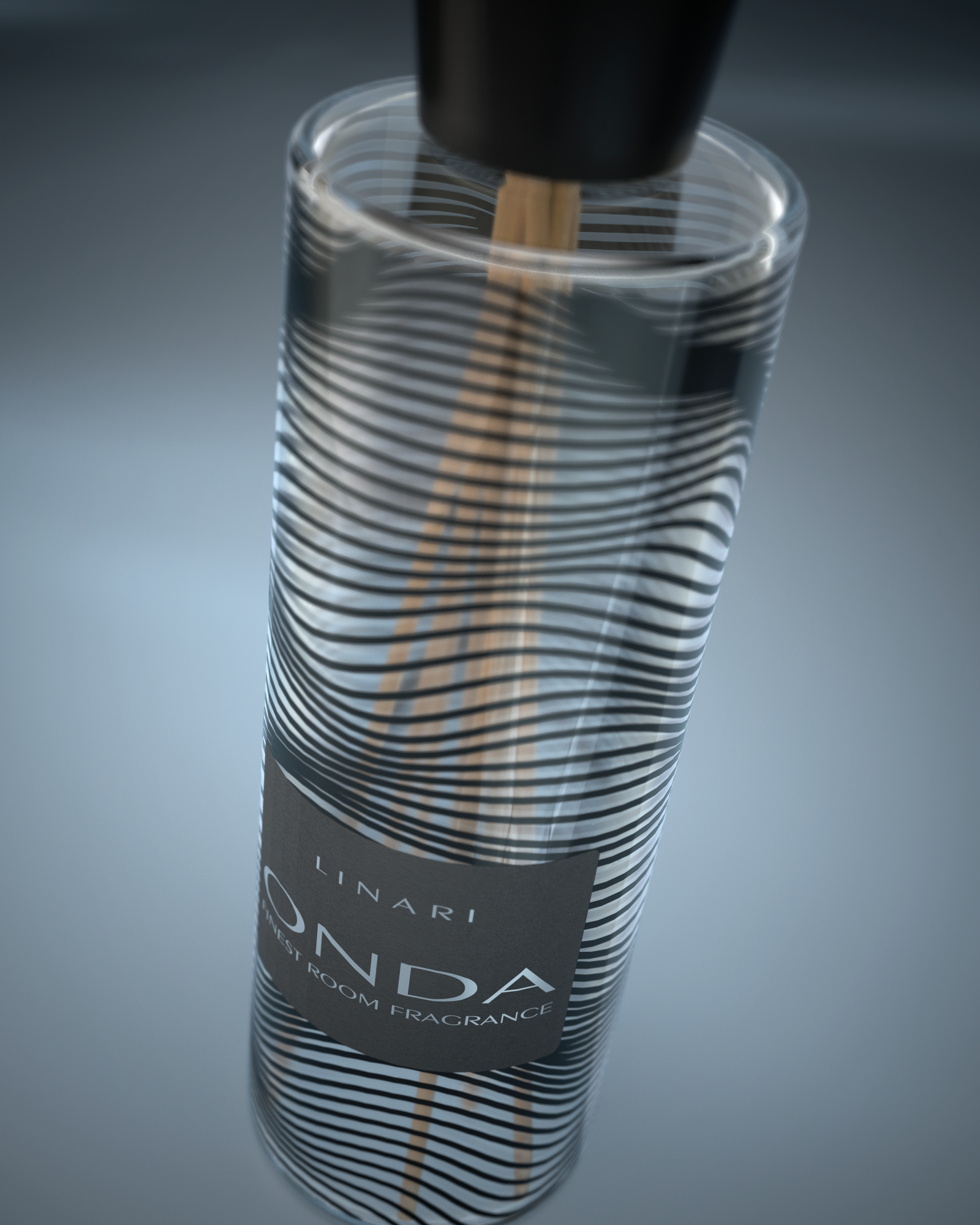 LINARI ONDA Raumduft-Diffusor aus transparentem Glas mit schwarzem Wellendekor, mattschwarzem Bakelitdeckel und Naturstäbchen