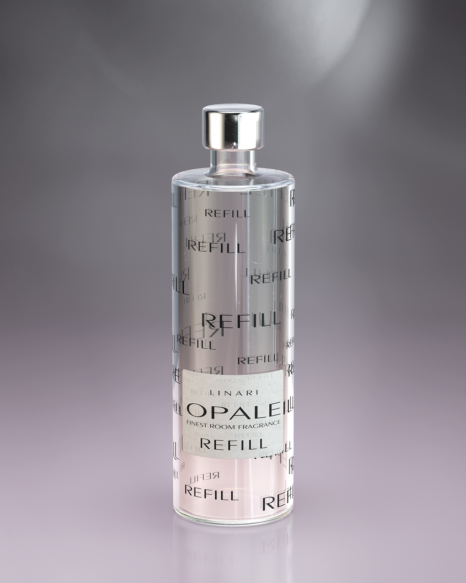 LINARI OPALE Raumduft-Diffusor-Refill in transparenter Glasflasche mit silberfarbenem Schraubdeckel