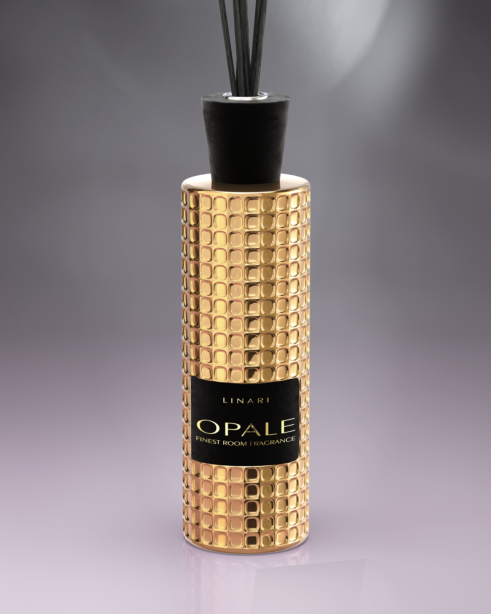 LINARI OPALE Raumduft-Diffusor aus goldfarbenem Glas, schwarzem Samt und Ahornholz mit schwarzen Kapillarstäbchen