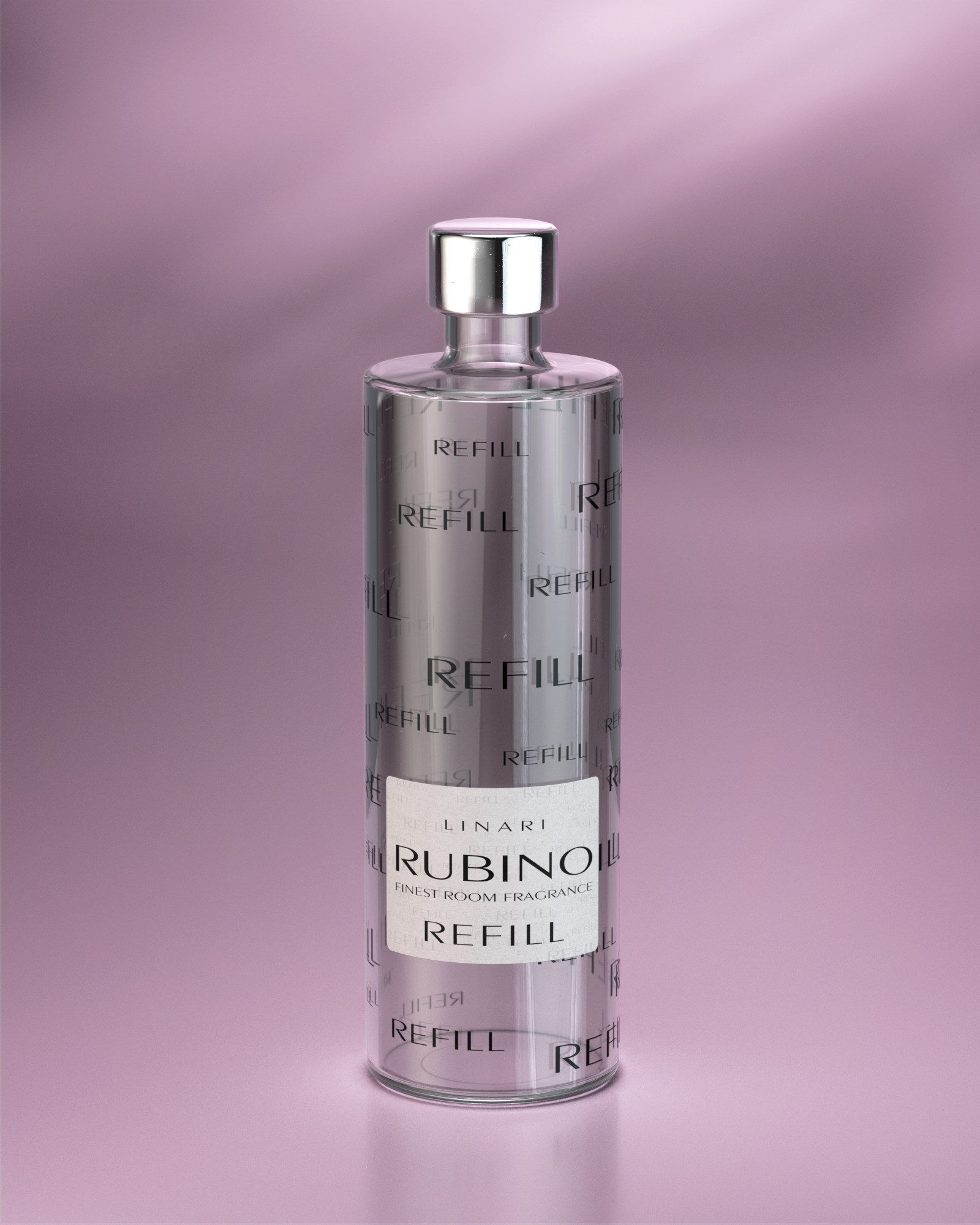 LINARI RUBINO Raumduft-Diffusor-Refill in transparenter Glasflasche mit silberfarbenem Deckel.