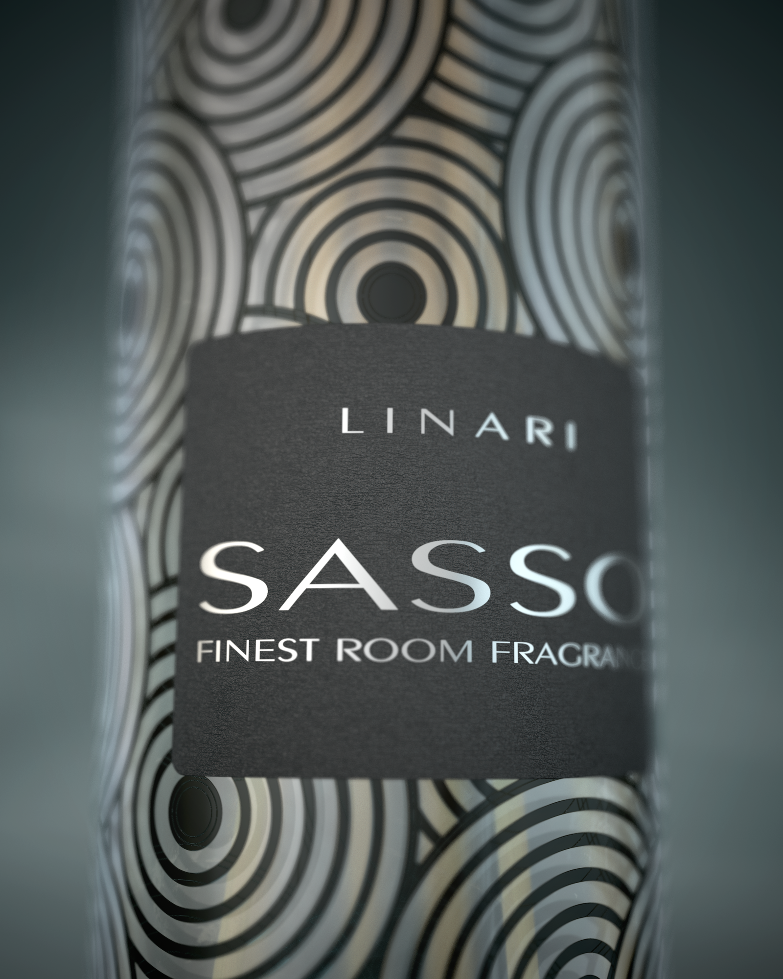 LINARI SASSO Raumduft-Diffusor aus transparentem Glas mit tiefschwarzem Etikett und feinstrukturiertem Kieselsteindekor