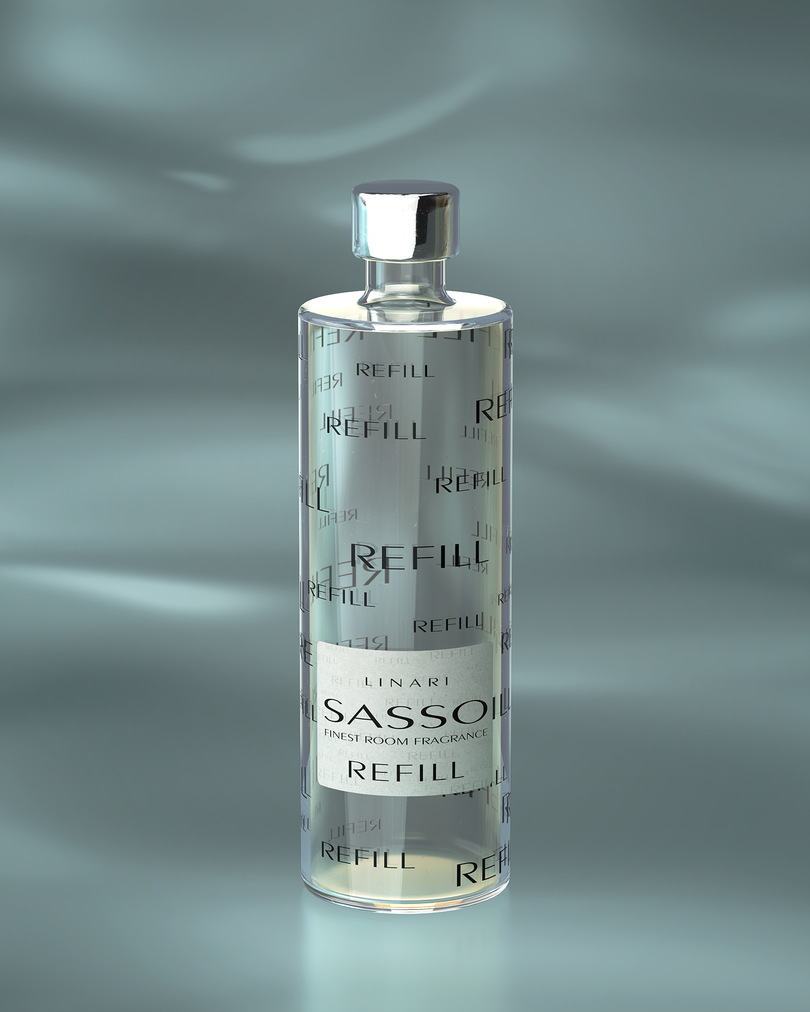 SASSO Raumduft-Diffusor-Refill von LINARI in transparenter Glasflasche mit silberfarbenem Schraubdeckel