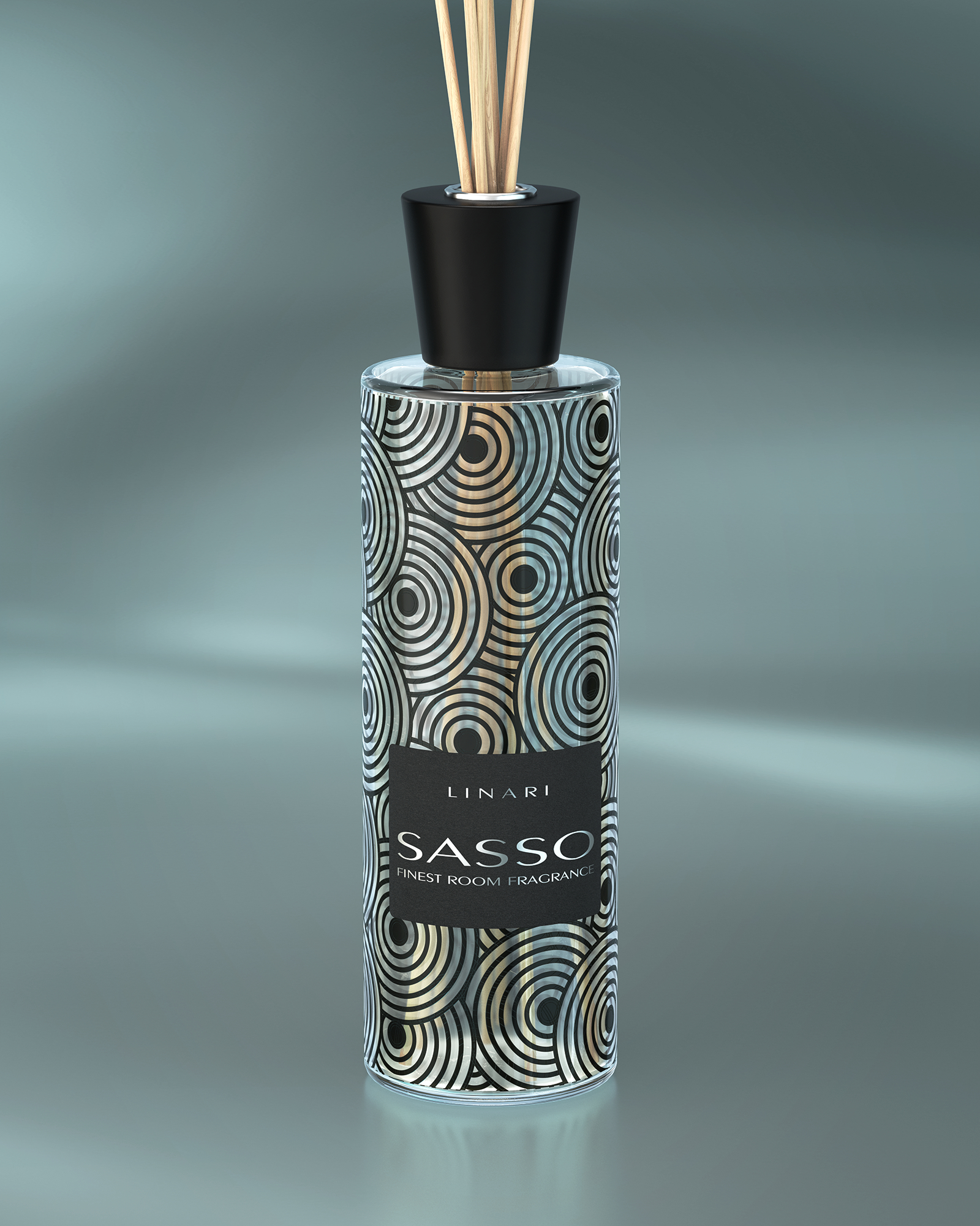 LINARI SASSO Raumduft-Diffusor aus transparentem Glas mit Kieselsteindekor, Bakelitdeckel und naturfarbenen Stäbchen