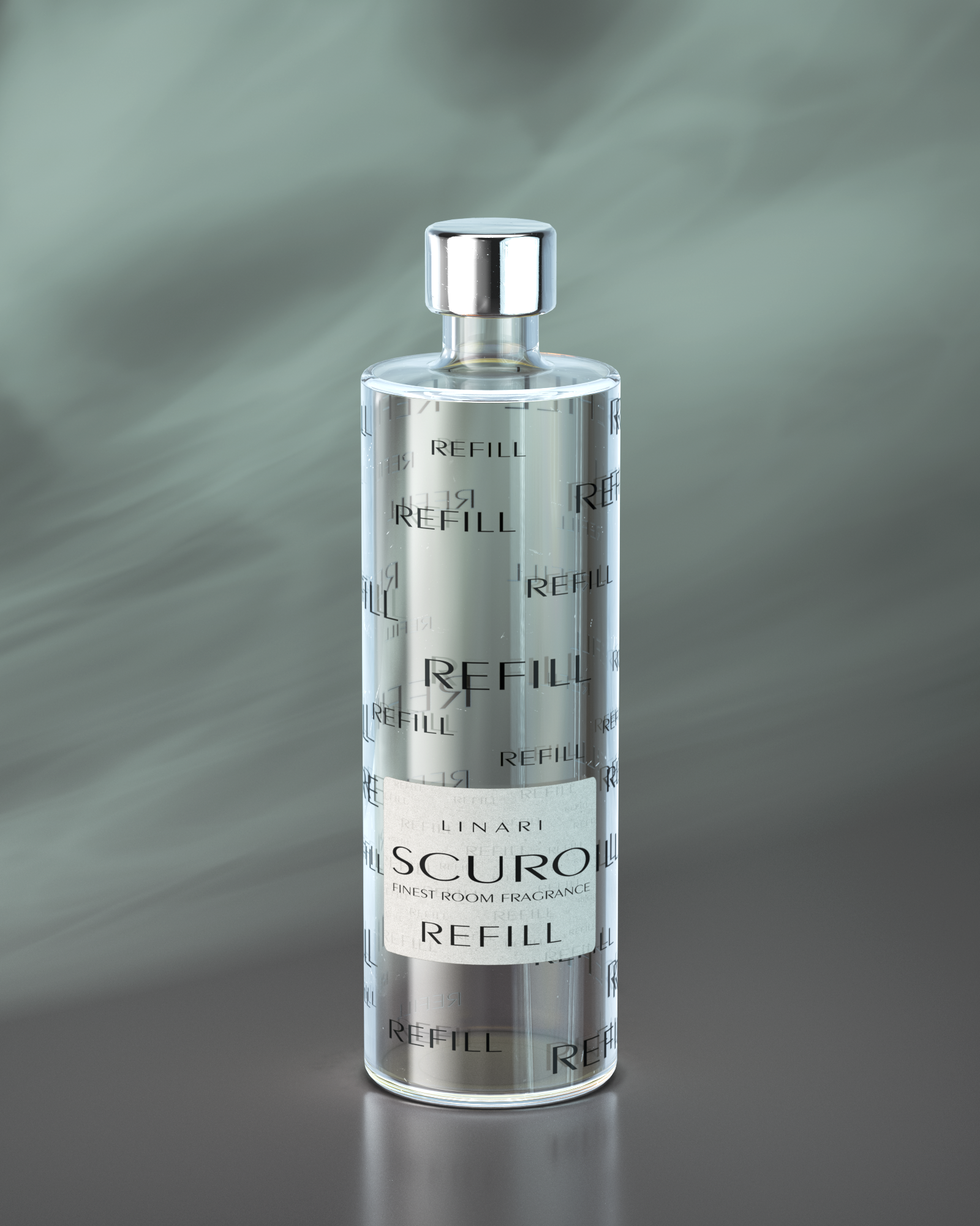 LINARI SCURO Raumduft-Diffusor-Refill in transparenter Glasflasche mit silberfarbenem Schraubdeckel.