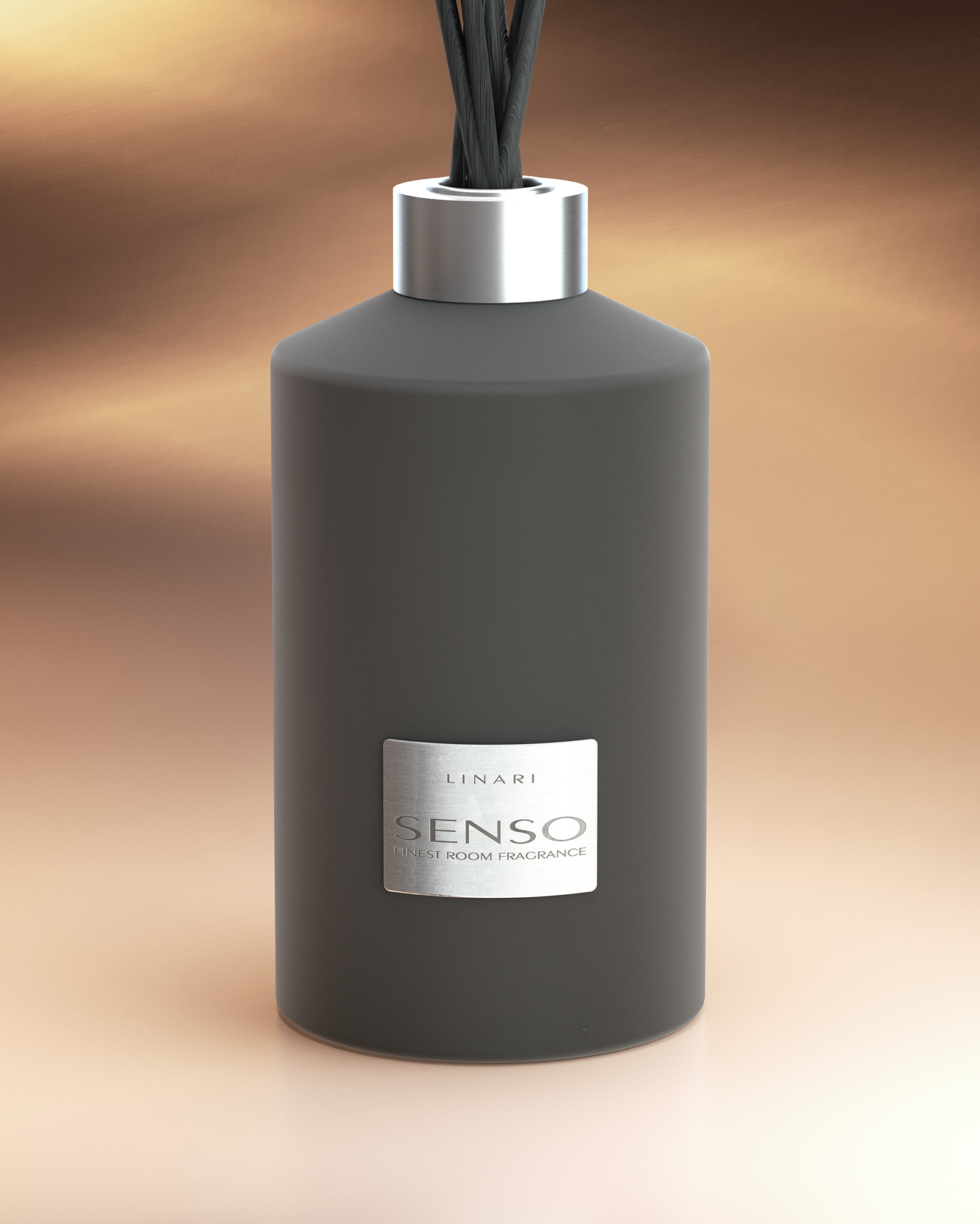 LINARI SENSO Großdiffusor aus Reinaluminium und anthrazitfarbenem Samt, mit Aluminiumdeckel und schwarzen Kapillarstäben.
