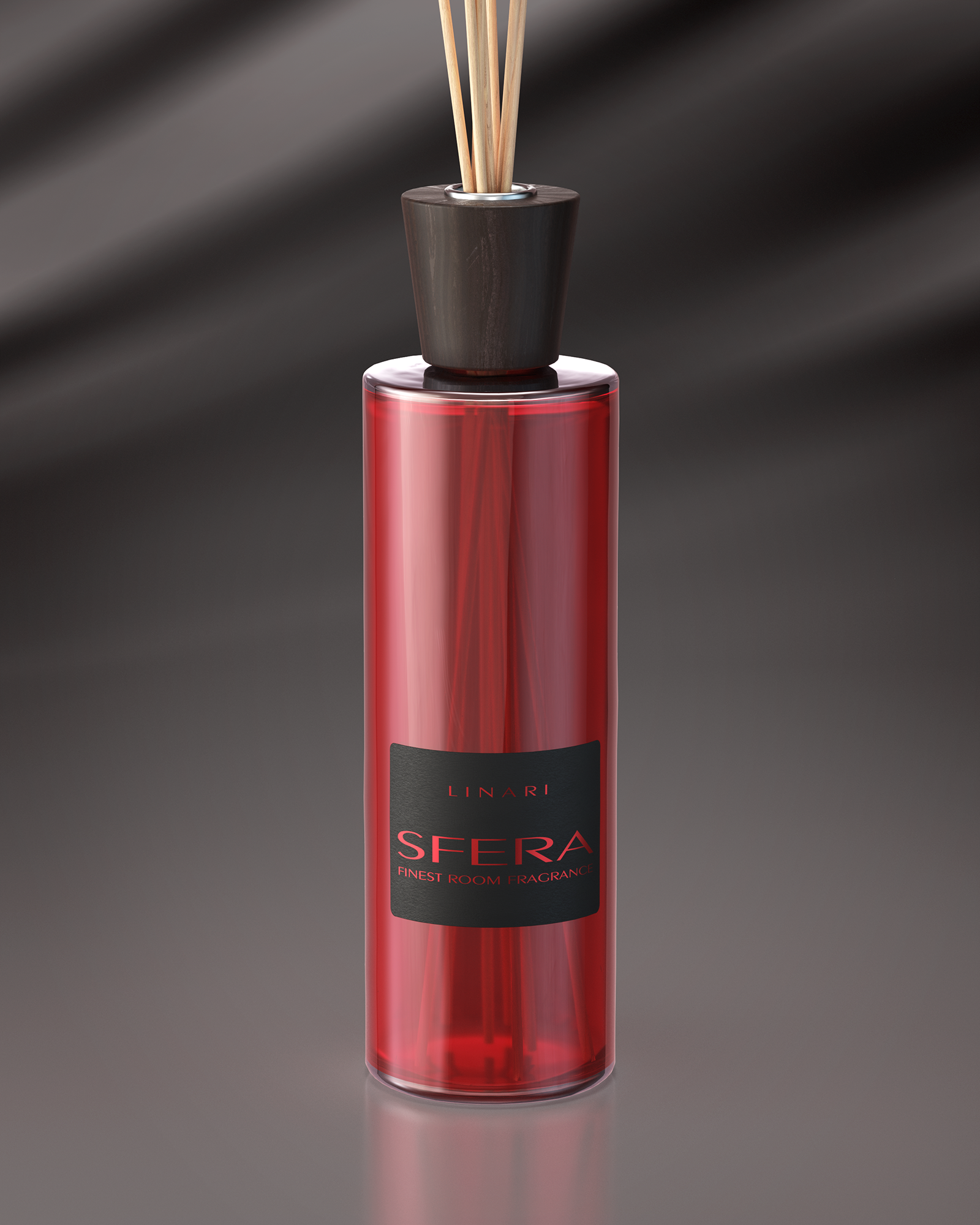 LINARI SFERA Raumduft-Diffusor: rubinroter Flakon aus italienischem Glas, Wengé-Deckel und naturfarbene Kapillarstäbchen.