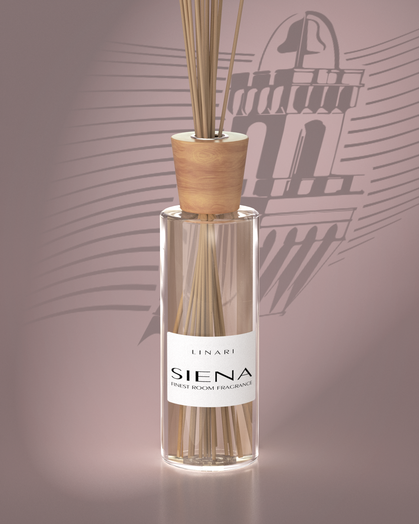 LINARI SIENA Raumduft-Diffusor im Klarglas-Flakon mit warmem Ahornholz-Deckel und naturfarbenen Kapillarstäbchen