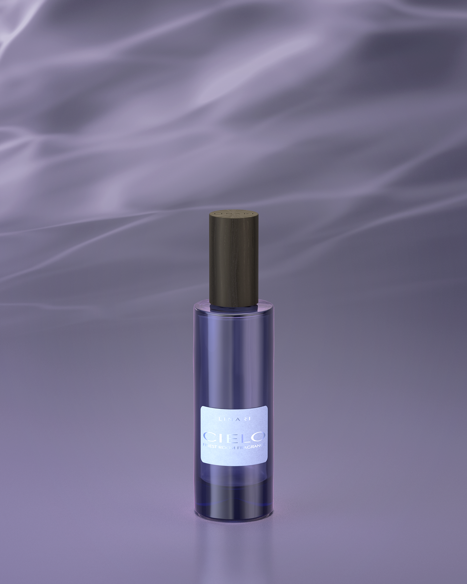 LINARI CIELO Raumspray im amethystfarbenen Flakon aus italienischem Glas mit Eschenholz-Deckel