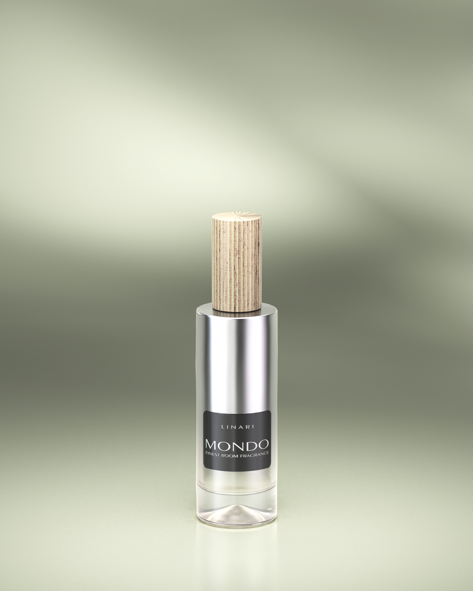LINARI MONDO room spray in a partially mirrored glass bottle with an elegant birchwood lid and laminate label