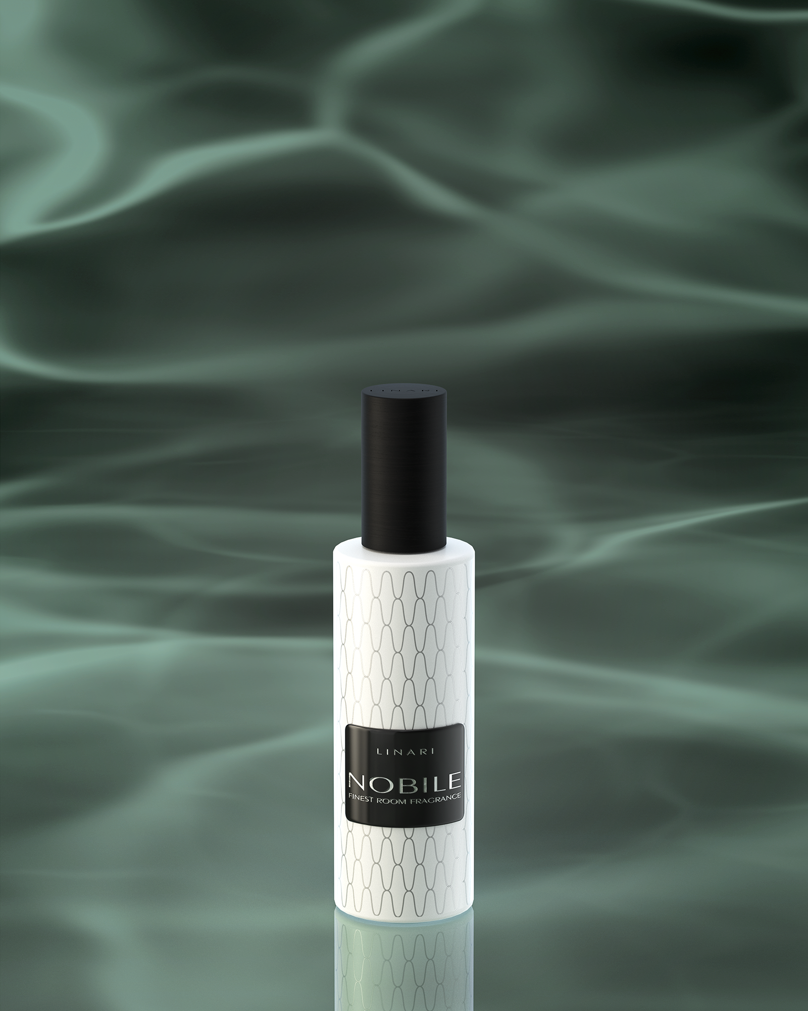 LINARI NOBILE Raumspray im mattweißen italienischen Glasflakon mit mattschwarzer Kappe aus massivem Ahornholz.