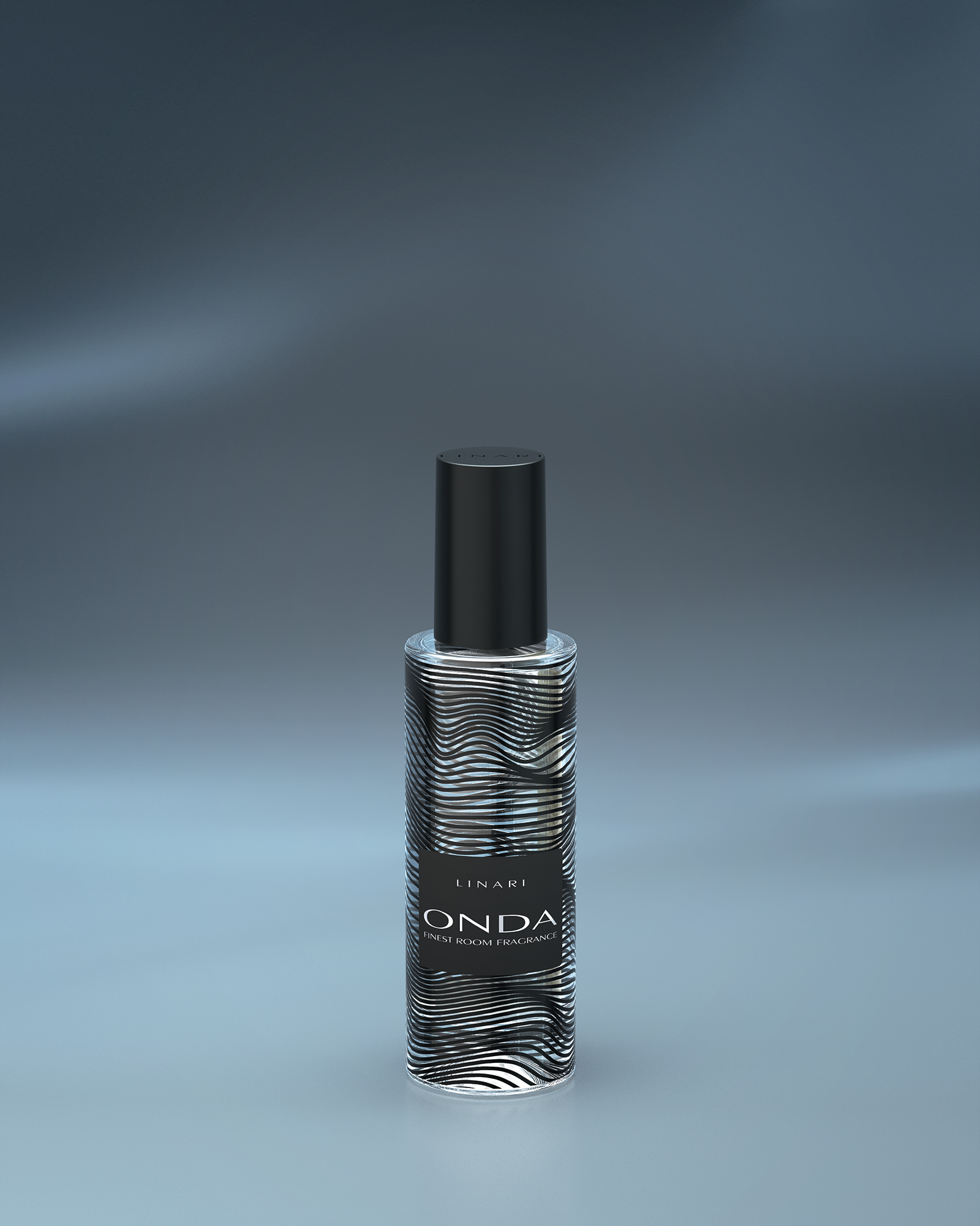 LINARI ONDA Raumspray aus transparentem Glas mit mattschwarzem Bakelitdeckel und abstraktem Wellendekor