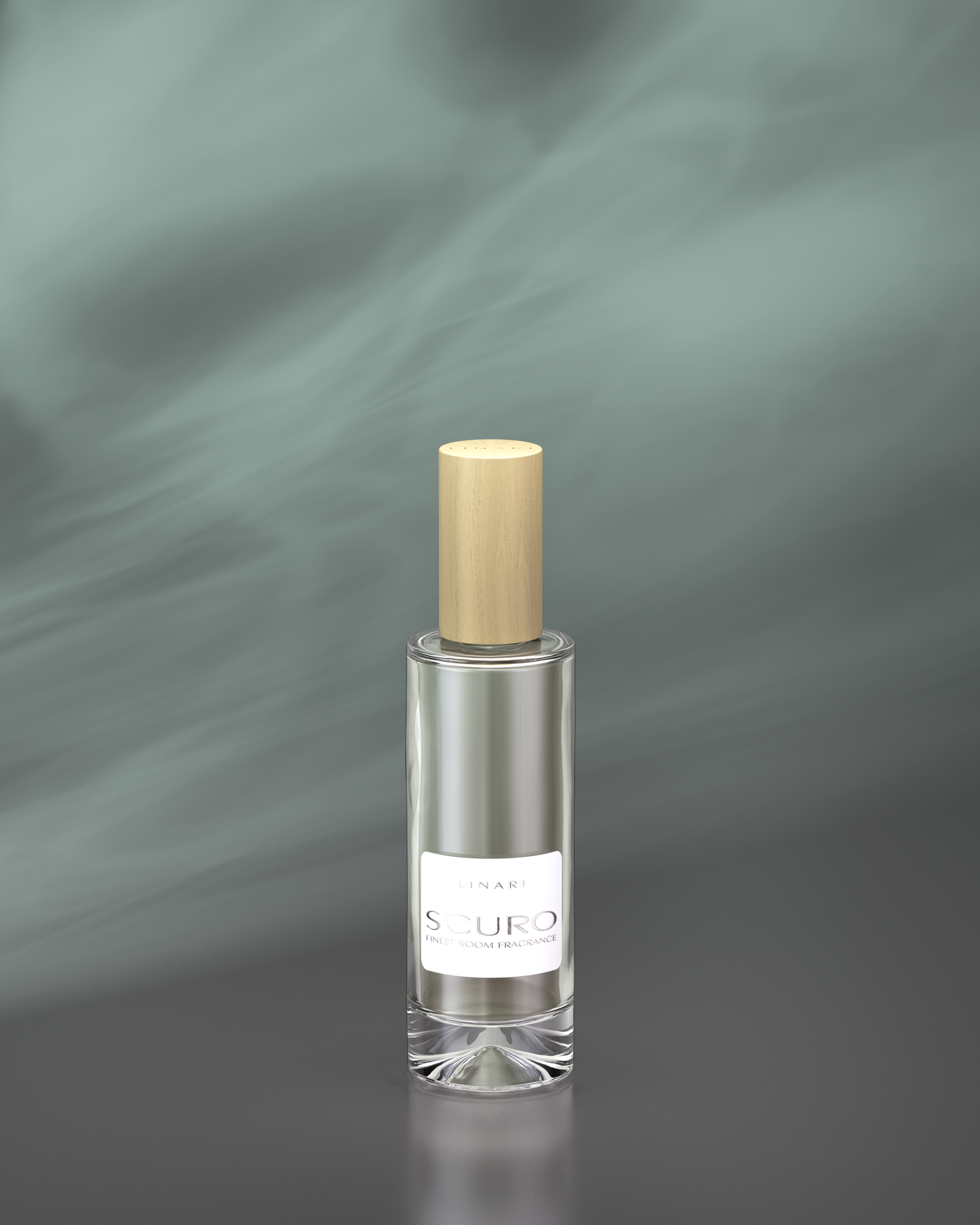 LINARI SCURO Raumspray im klaren Glasflakon mit feinem Ahornholzdeckel und edlem Satinetikett.